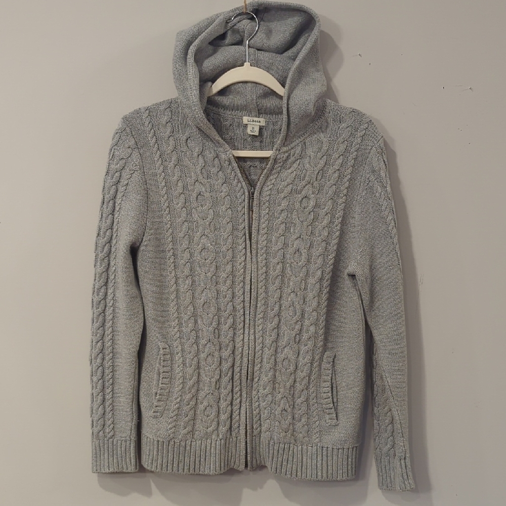 LL Bean Zip-Up Cable Knit Sweater Hood size‎ Medium Petite